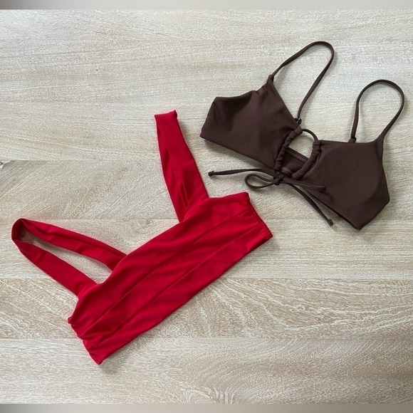 Bundle Lot 2 Bikini Tops Red Square Neckline Brown Ribbed Bow Tie Front Medium - Picture 1 of 10